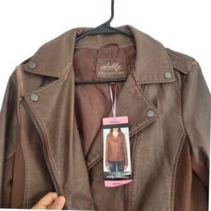Debby Collection Women Faux‎ Leather Moto Jacket Brown Small Asymmetrical Zip